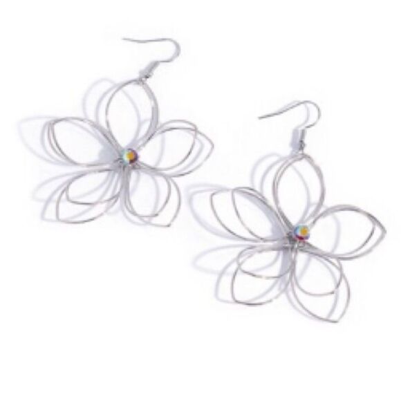 Paparazzi Wiry Whisper Floral Rhinestone Earrings Silver Large Shepard Hook New - Picture 3 of 4